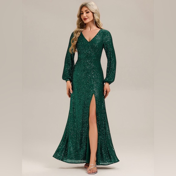 None Dresses & Skirts - 🆕Deep V-Neck Sequin Lantern Sleeve Evening Dress